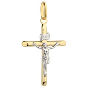 Złoty krzyżyk z wizerunkiem Jezusa z białego złota pr. 585