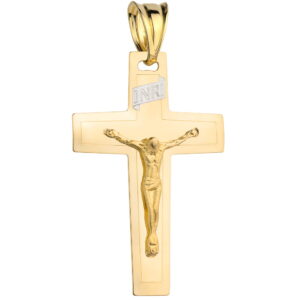 Krzyżyk złoty płaski z wypukłym Jezusem na krzyżu