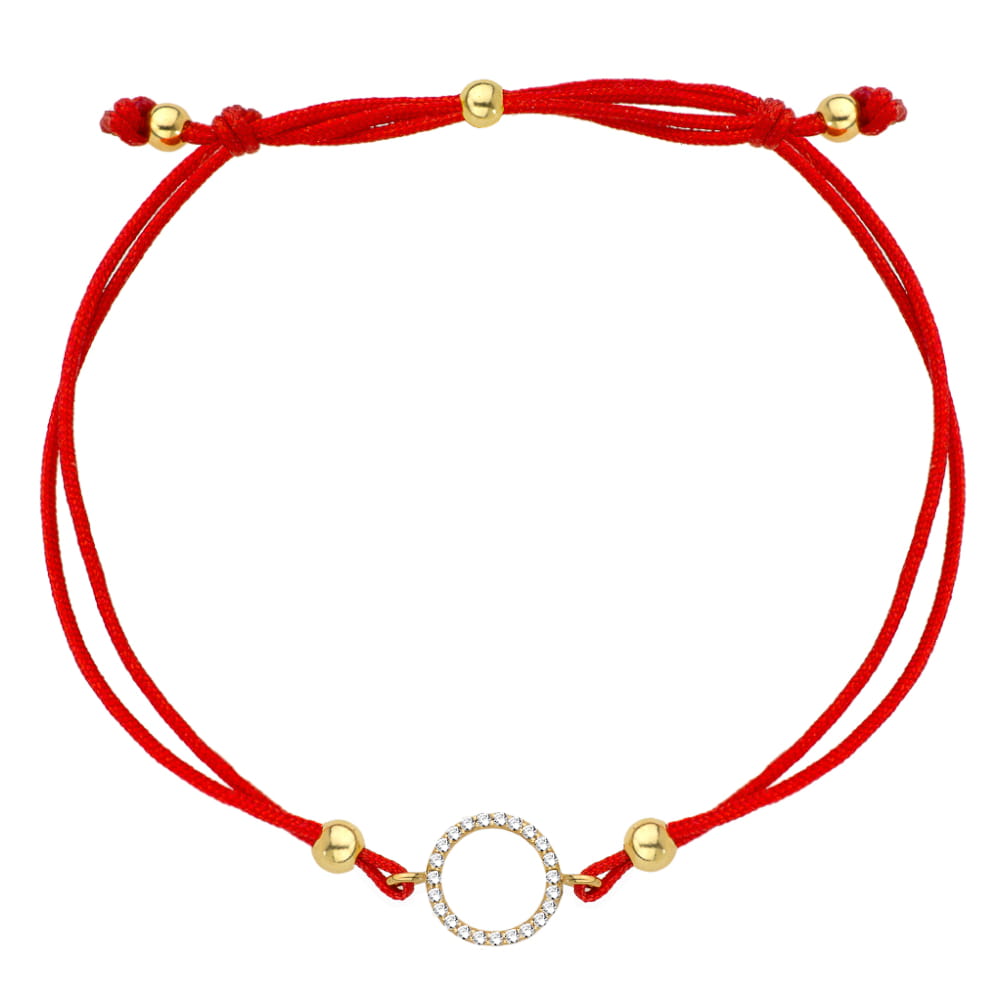 Bransoletka ring wysadzany cyrkoniami na czerwonym sznurku pr. 585