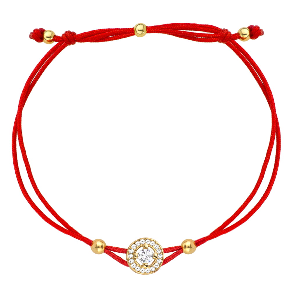 Bransoletka złota kółeczko i cyrkonie na czerwonym sznurku